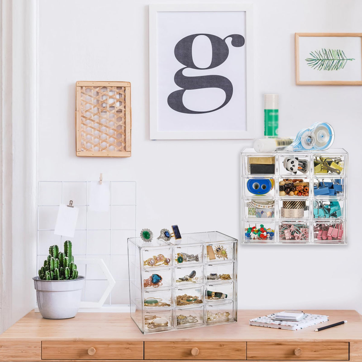 YOUEON 2 Pack Mini Desk Organizer with 12 Removable Drawers, Clear Plastic Desktop Drawer