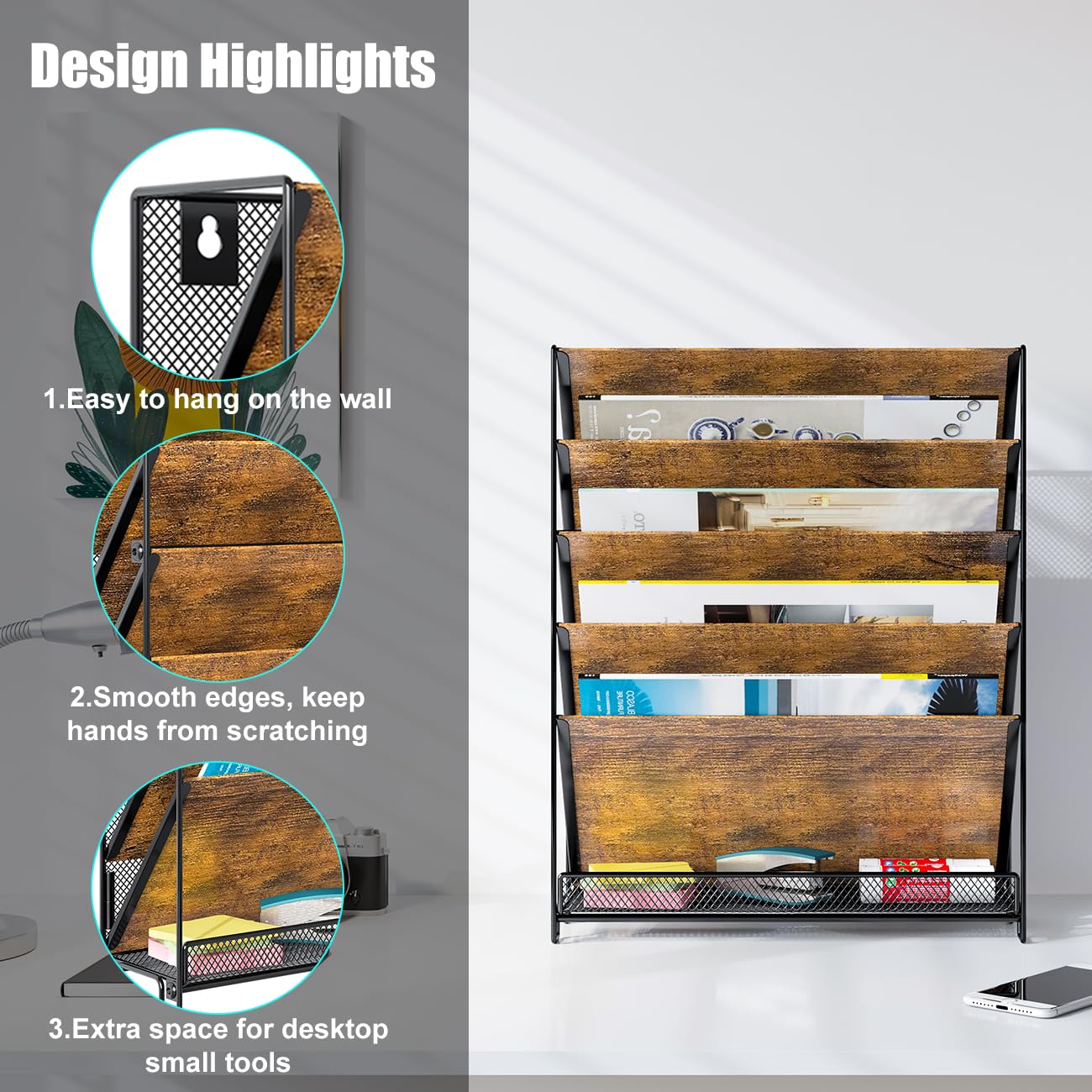 PAG-Mass Wall File Organizer for Office, 6-Tier Rustic Hanging File Holder Wall Storage Rack for