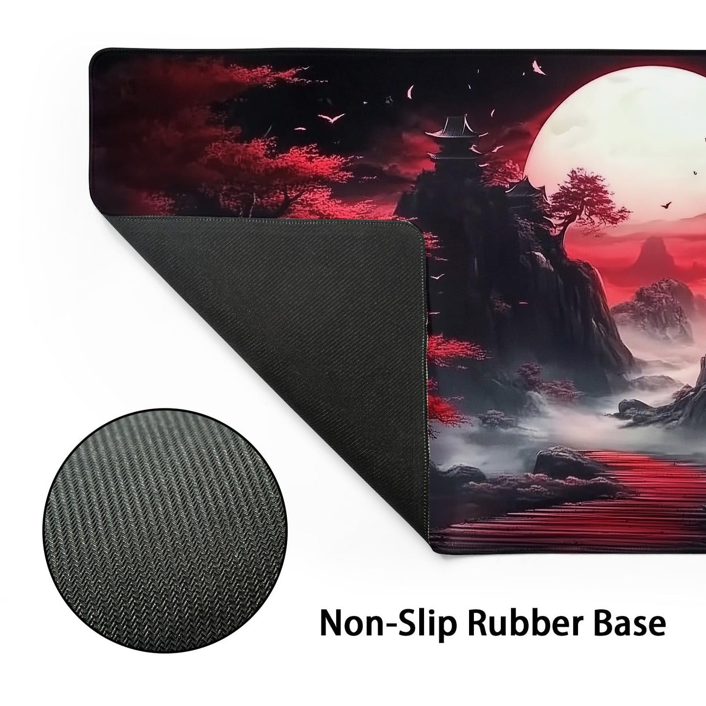 Black Red Japanese Mouse Pad XXL Moon Sakura Cherry BLoosm Tree Extended Table Mat 90X40 cm