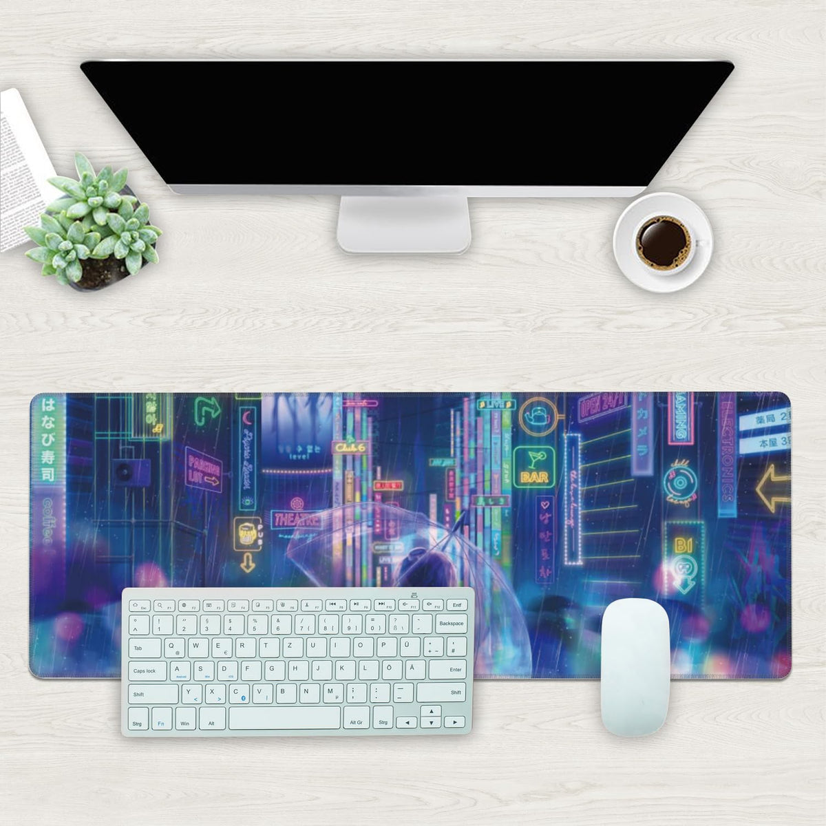 Desk Mat, Neon City Rainy Night Extended Gaming Mouse Pad Large, 31.5"x11.8" Big Mouse Pad with