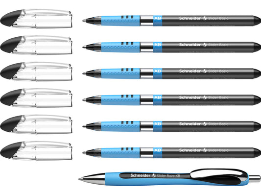 Schneider 151276 Slider Basic XB Pack of 6 and 1x Slider Rave XB Ballpoint Pen with Case, Black Ink