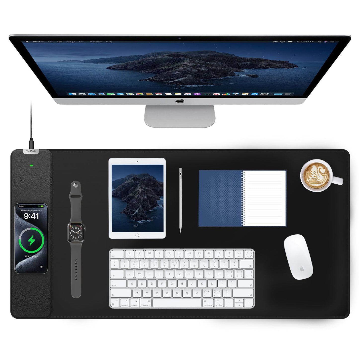 TopMade Wireless Charging Mouse Pad, 31.5"x15.8" XXL Large Desk Mat, Black