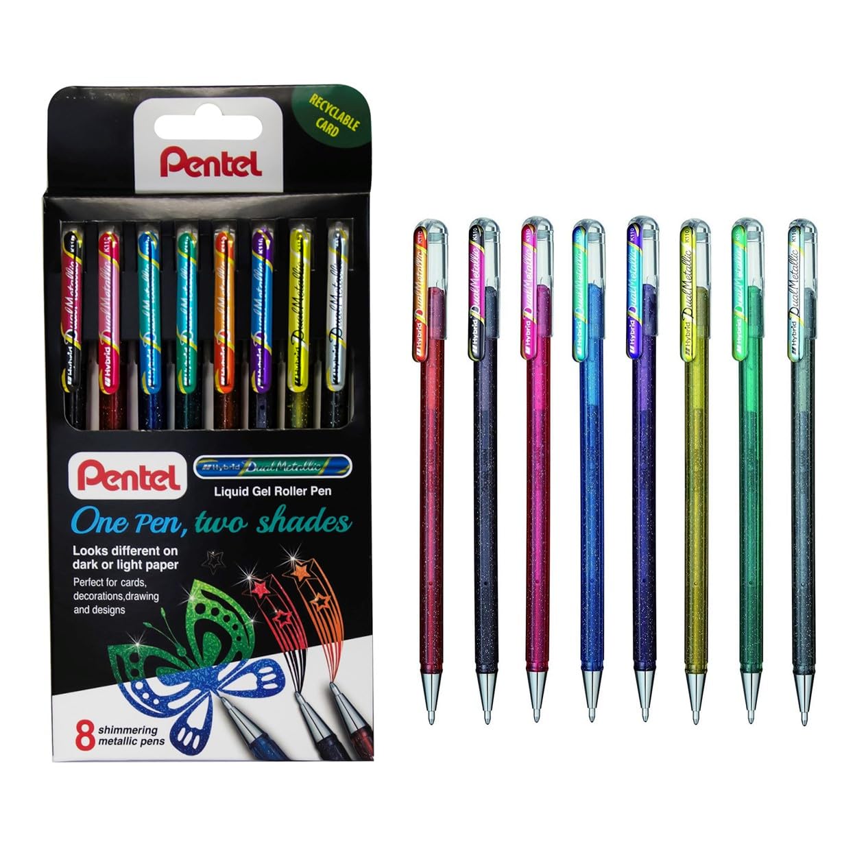 Pentel Hybrid Dual Metallic Liquid Gel Roller Pen YK110/8-M - Pack of 8 Pens in 16 Shimmering