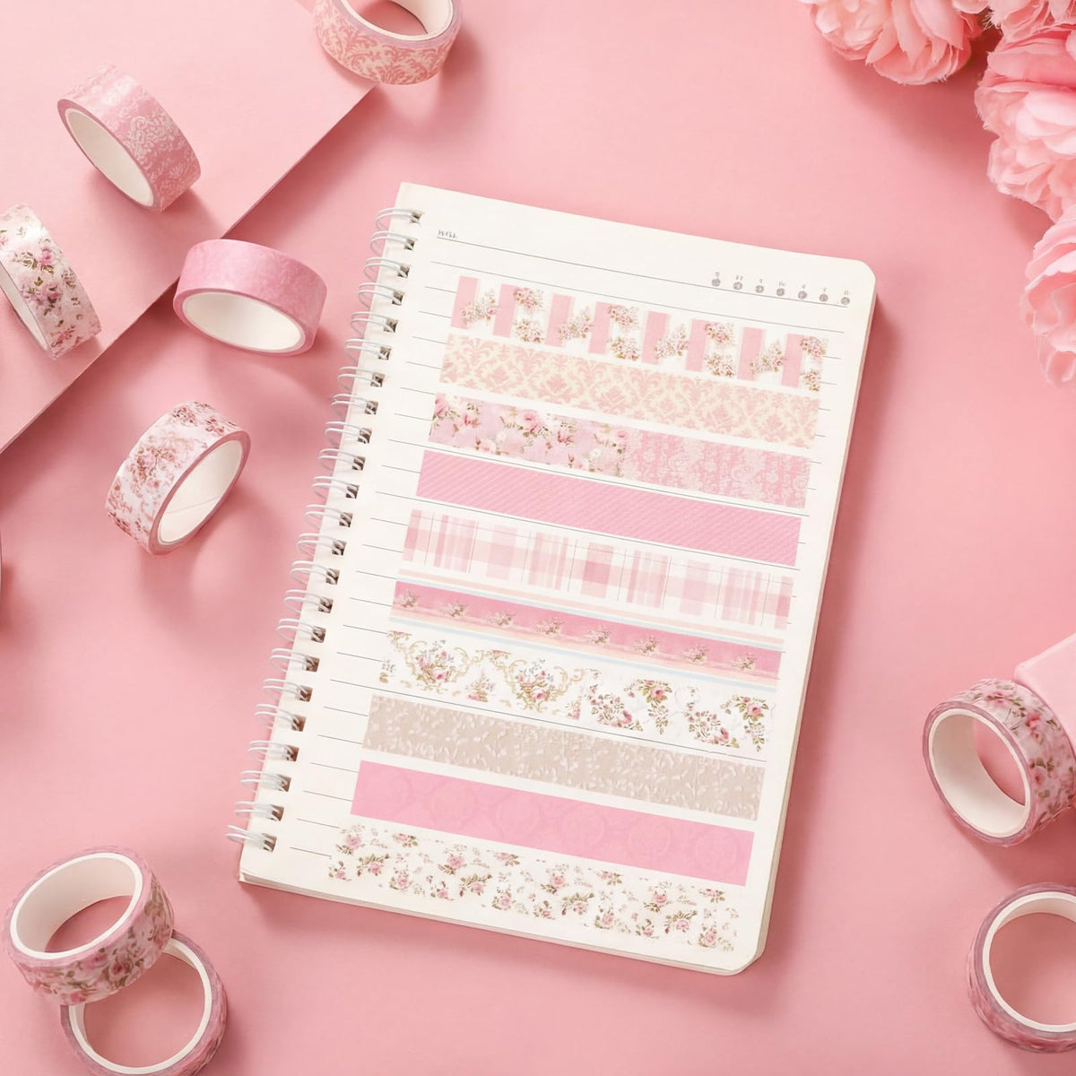 YooNotee 12 Rolls Floral Washi Tape Set,Pastel Pink,Tea Party