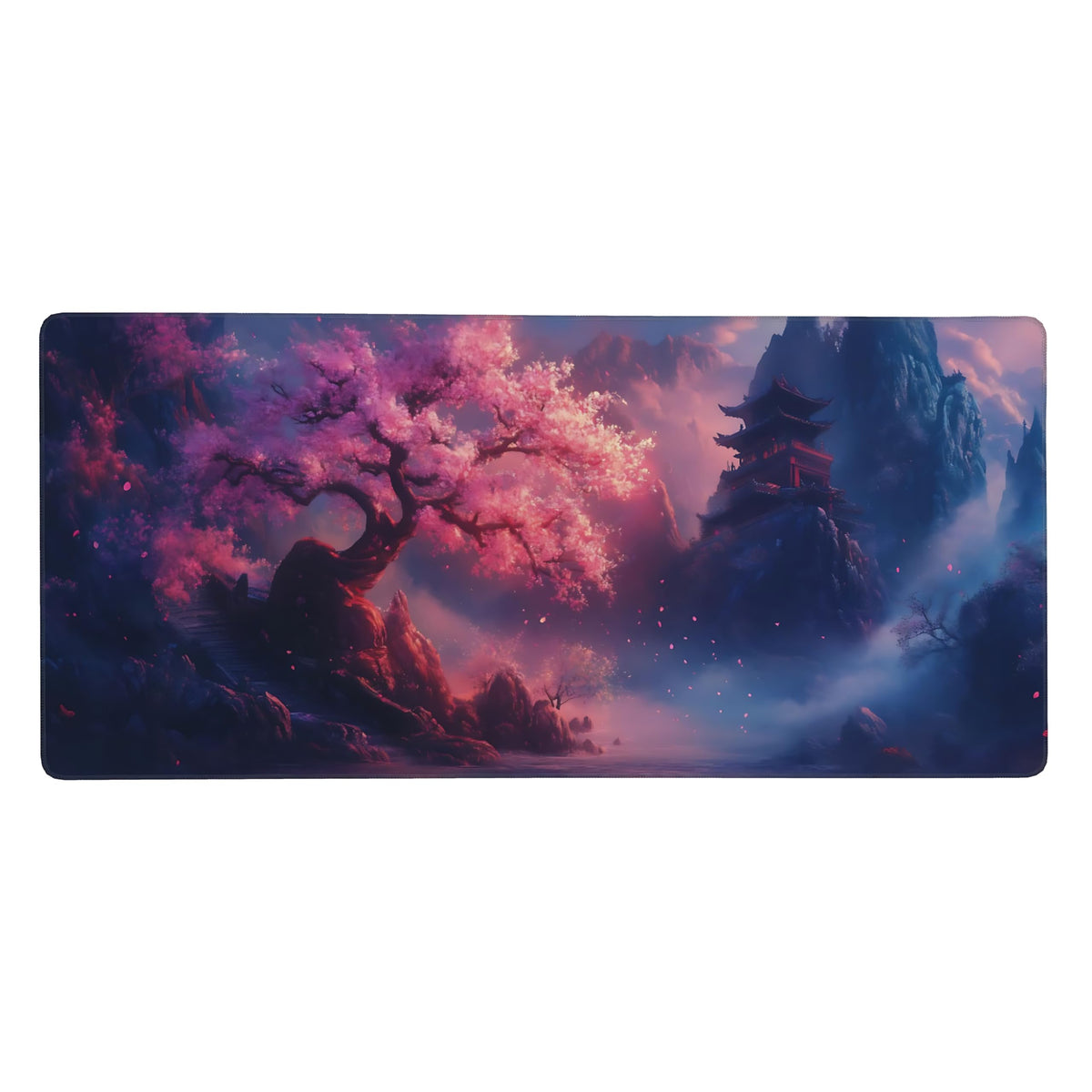 Aesthetic Scenery Gaming Mouse Pad, Blue Pink Japanese Desk Mat with Anti-Slip Base & Stitched
