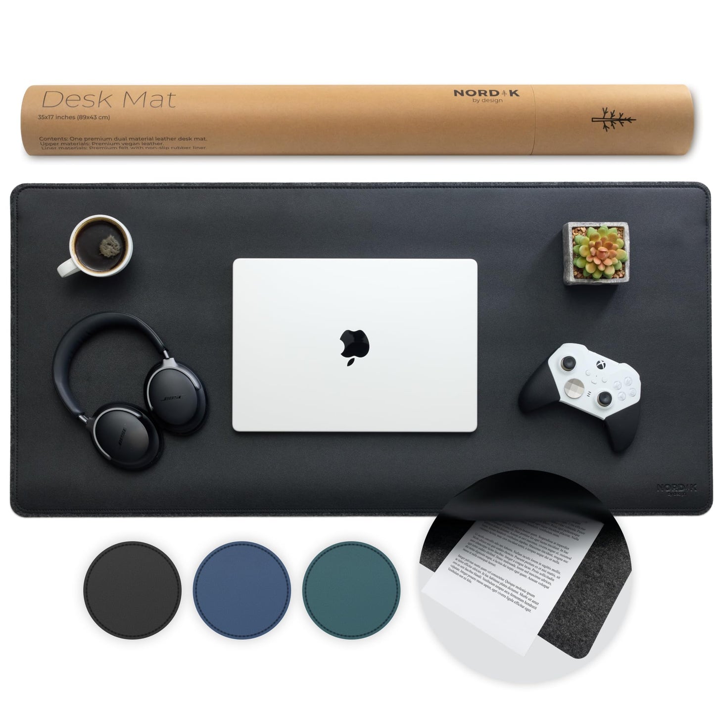 Nordik Felt and Leather Desk Mat - Dual Layer True Black 35 x 17 in
