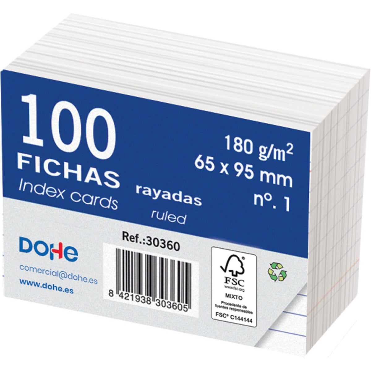Dohe Pack of 100 Lined Card Index Cards for Writing Size 9.5 x 6.5 cm 180 g No.1 Office Stationery