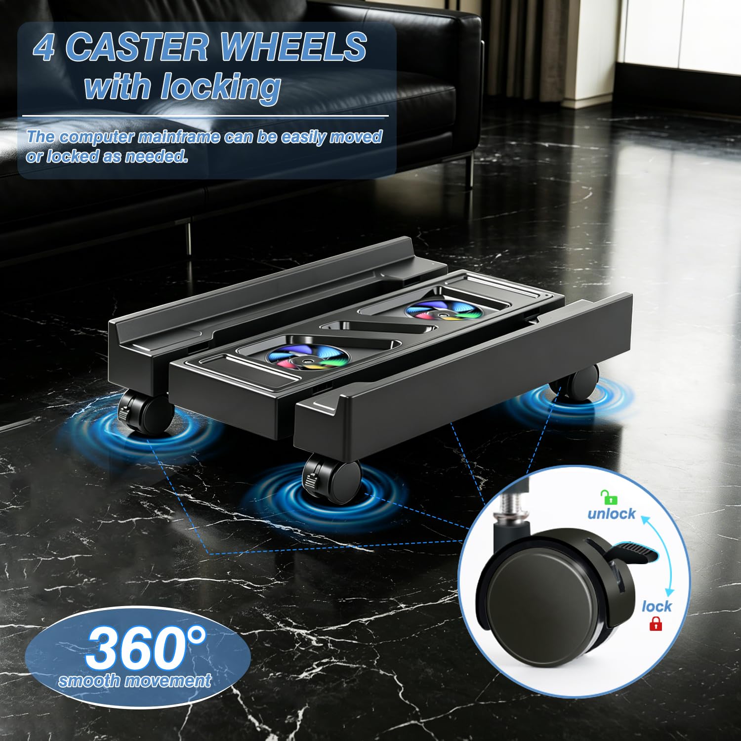 Hmseng PC Stand for PC Tower With F, Computer Desktop Stand with 4 Lockable Castors, Universal