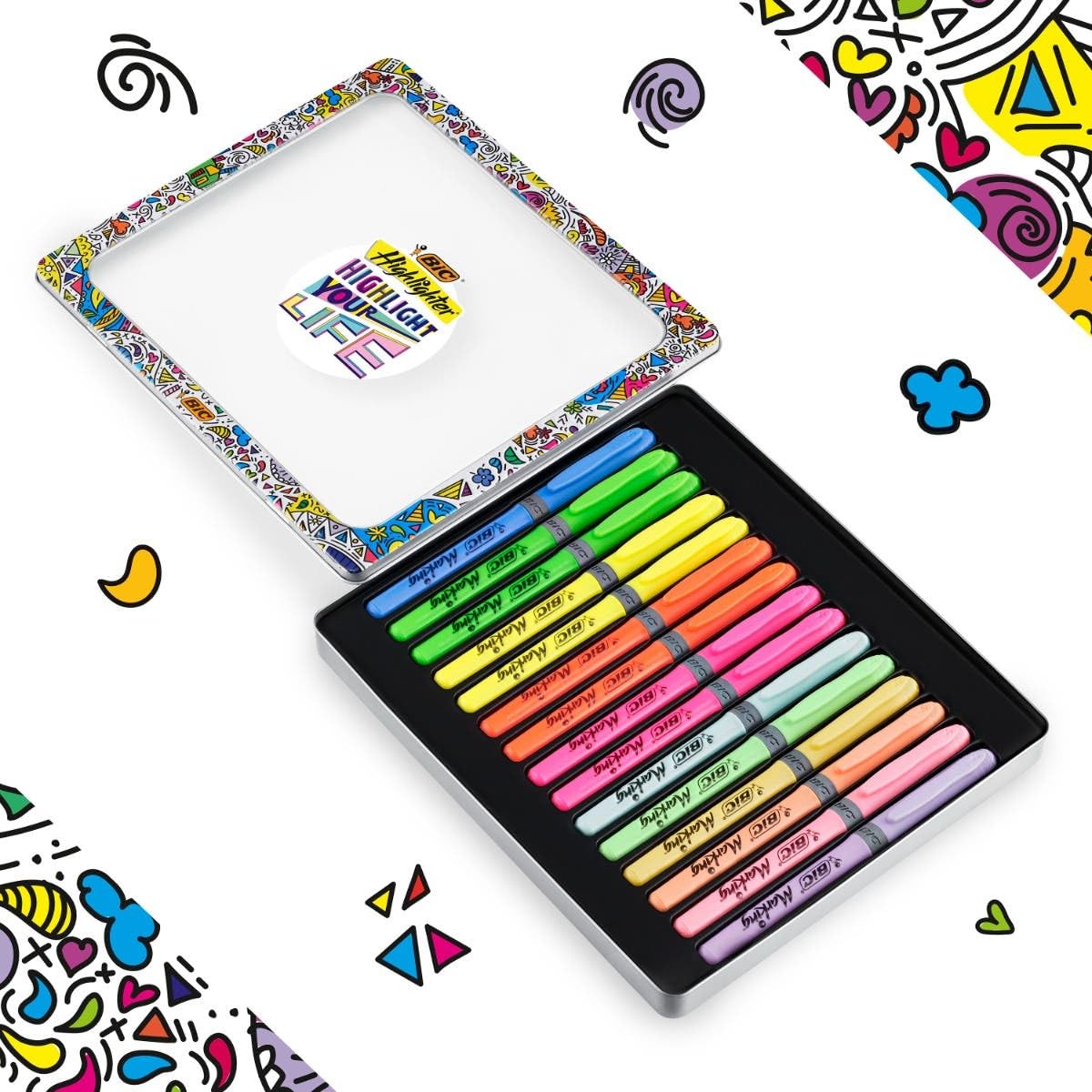 BIC Highlighter Collection Box, Assorted Intense and Pastel Colours, in Convenient Metal Gift Box