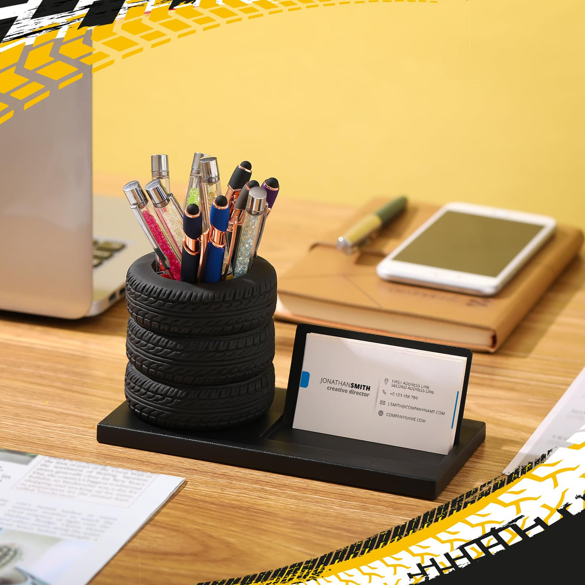 Eersida Tire Pencil Pen Holder Metal Card Holder Decor, Black, 7.5 Inch