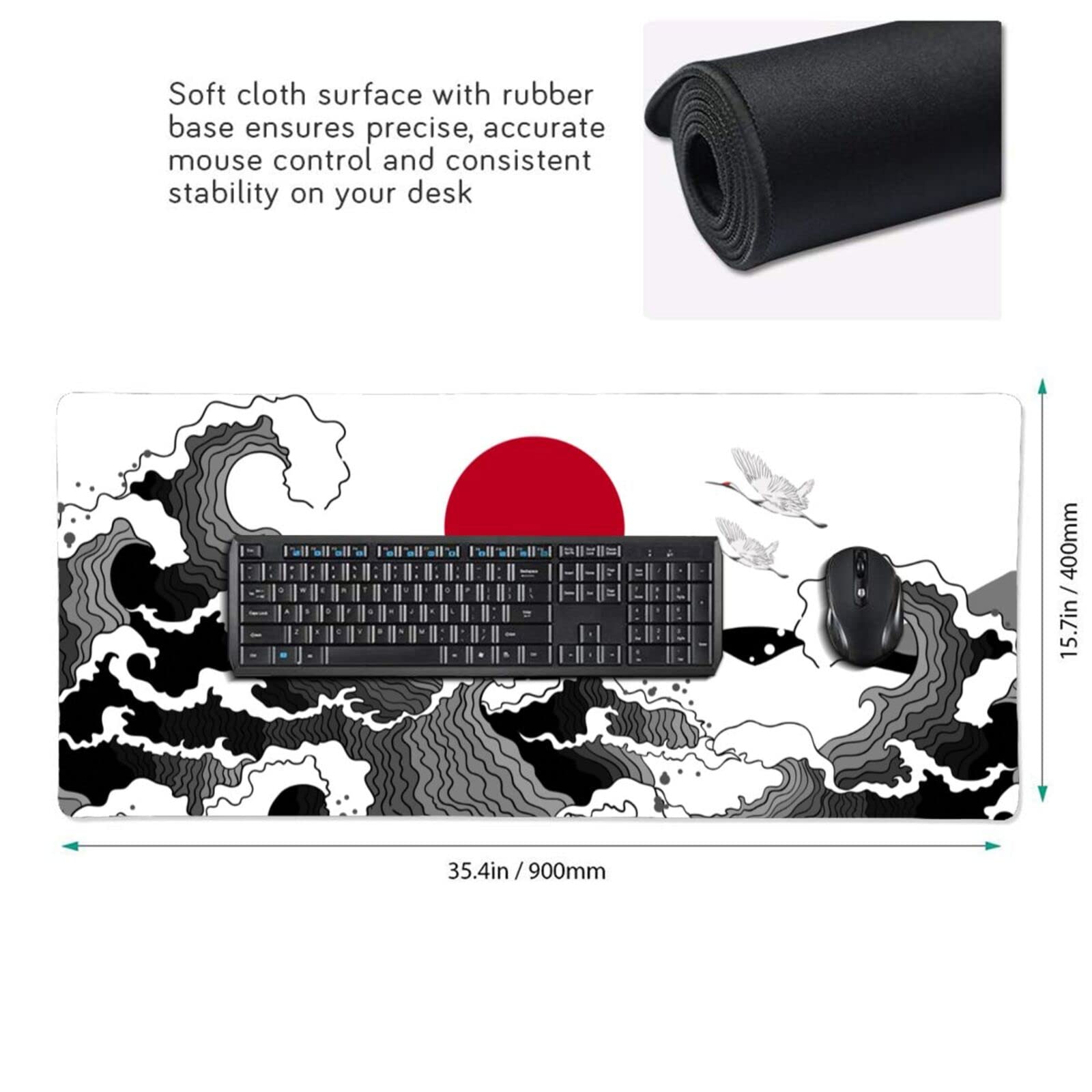 Japanese Red and Black Wave Mouse Pad 35.4 X 15.7 Inch Extended Large Cool Mouse Mat Non-Slip