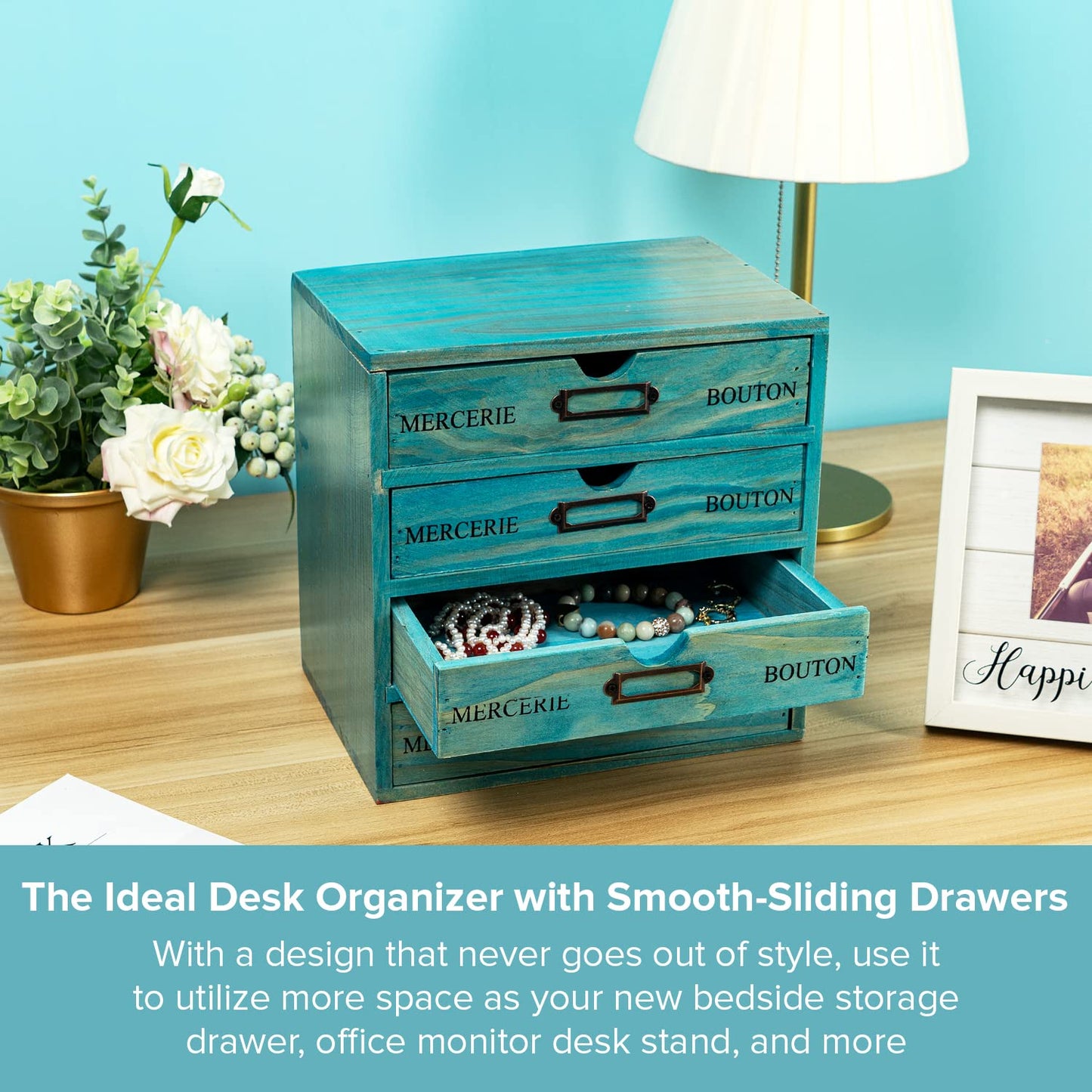 Turquoise 4-Tier Drawer Unit - Teal European Country Style Desk Organizer Box - 9.7x7x10 Wooden