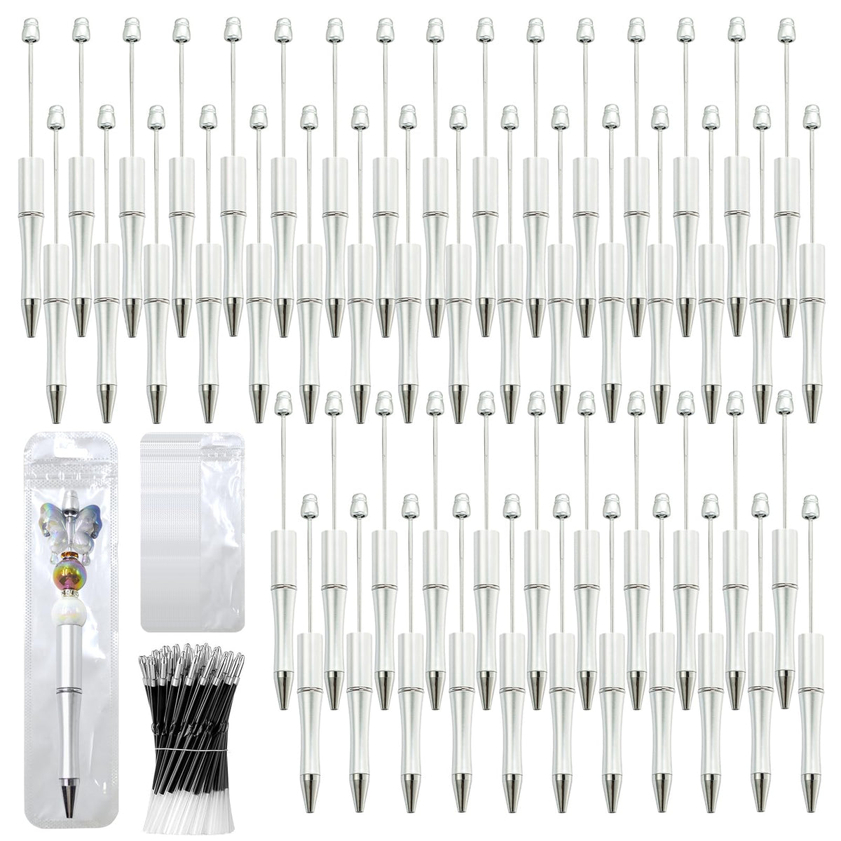 DASTTUIS 300 Pieces DIY Beadable Pens Kit - 100 plastic Beadable Pens Bulk, Refills & pen bags