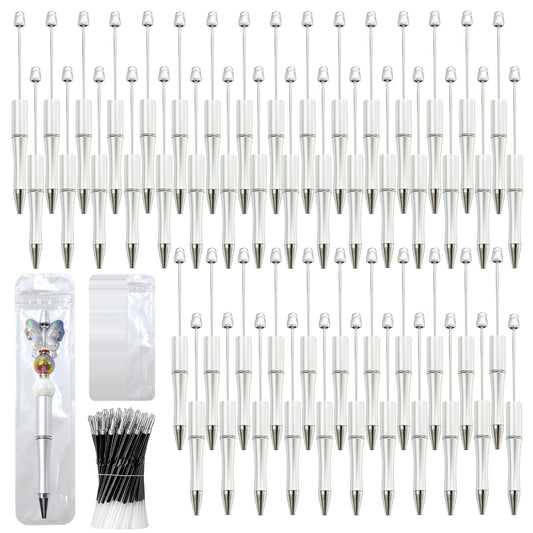 DASTTUIS 300 Pieces DIY Beadable Pens Kit - 100 plastic Beadable Pens Bulk, Refills & pen bags