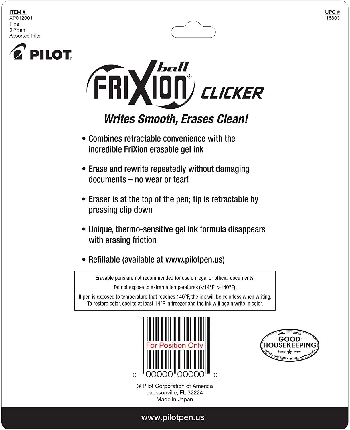 PILOT FriXion Clicker Erasable Pens, 0.7mm Fine Point, Black Ink
