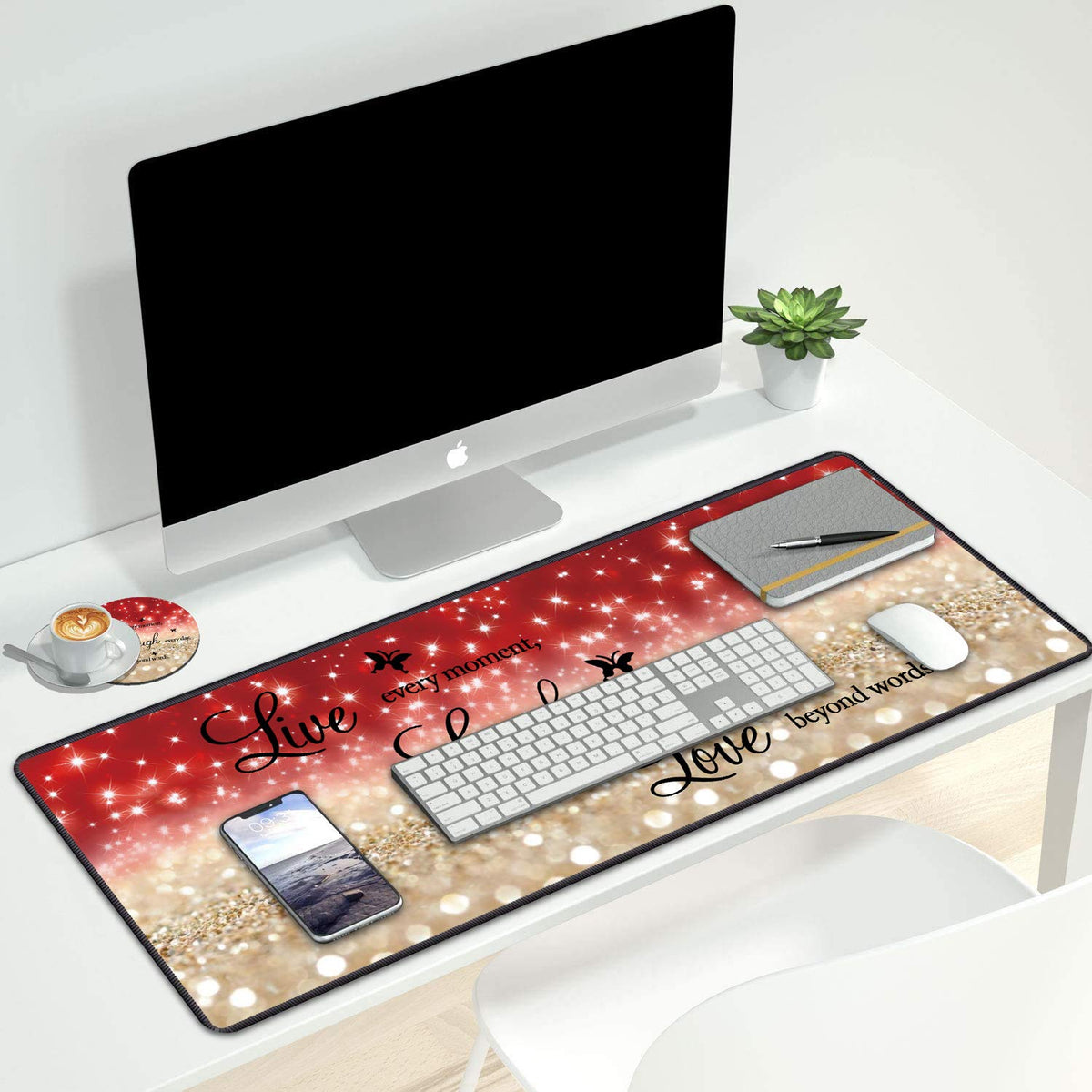 Desk Pad Gaming Mouse Pads with Coasters,31.5"x 11.8" Large Non-Slip Rubber Base Mousepad with