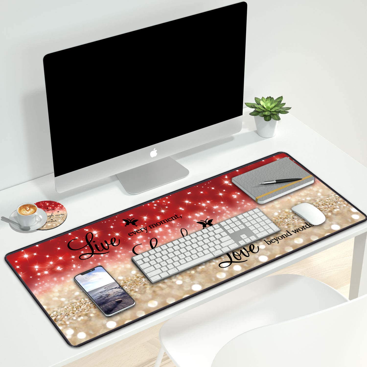 Desk Pad Gaming Mouse Pads with Coasters,31.5"x 11.8" Large Non-Slip Rubber Base Mousepad with