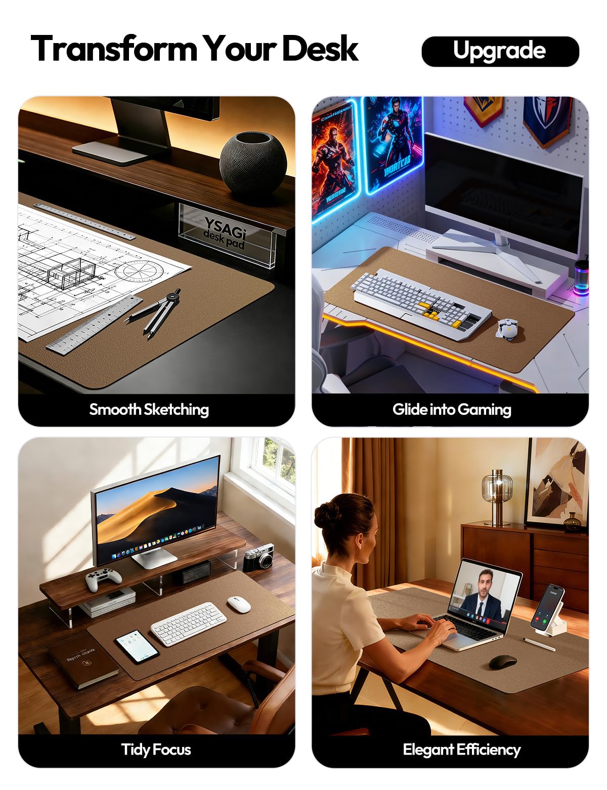 YSAGi Leather Desk Pad Protector, Office Desk Mat, Large Mouse Pad, Non-Slip PU Leather Desk