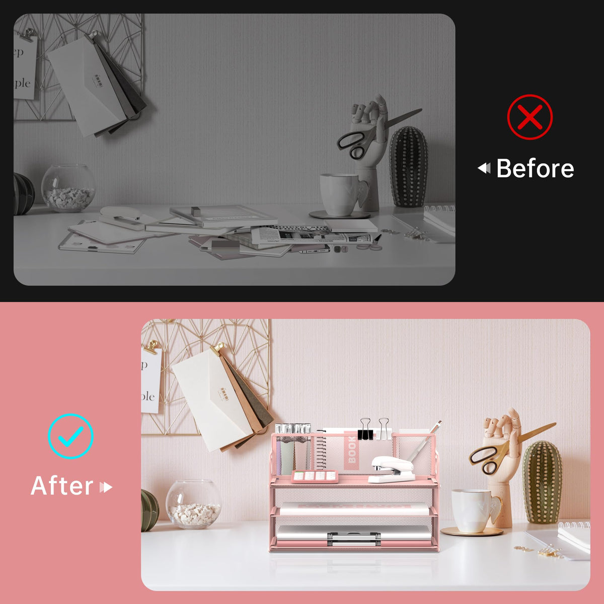 3-Tier Desk Organizer with Pen Holder and Handles, Paper Organizer, Pink