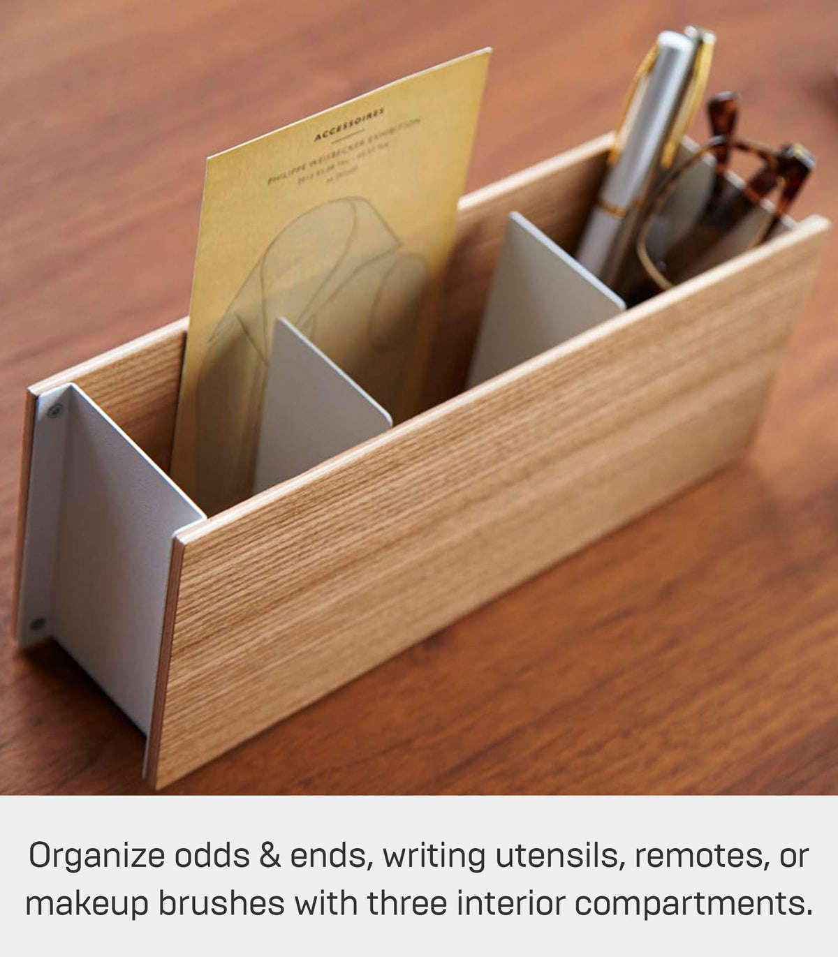 YAMAZAKI Home Rin Desk Organizer - Tv Remote Control And Pen Holder - Small - Steel + Wood
