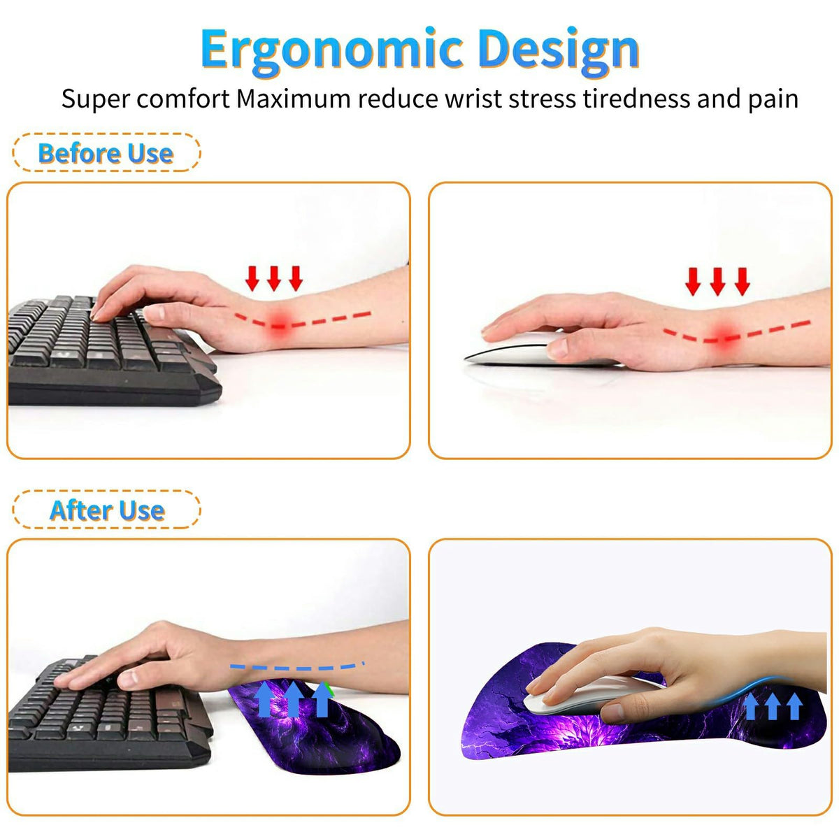 3-in-1 Ergonomic Memory Foam Keyboard Wrist Rest Pad Set, Purple Magic Flower
