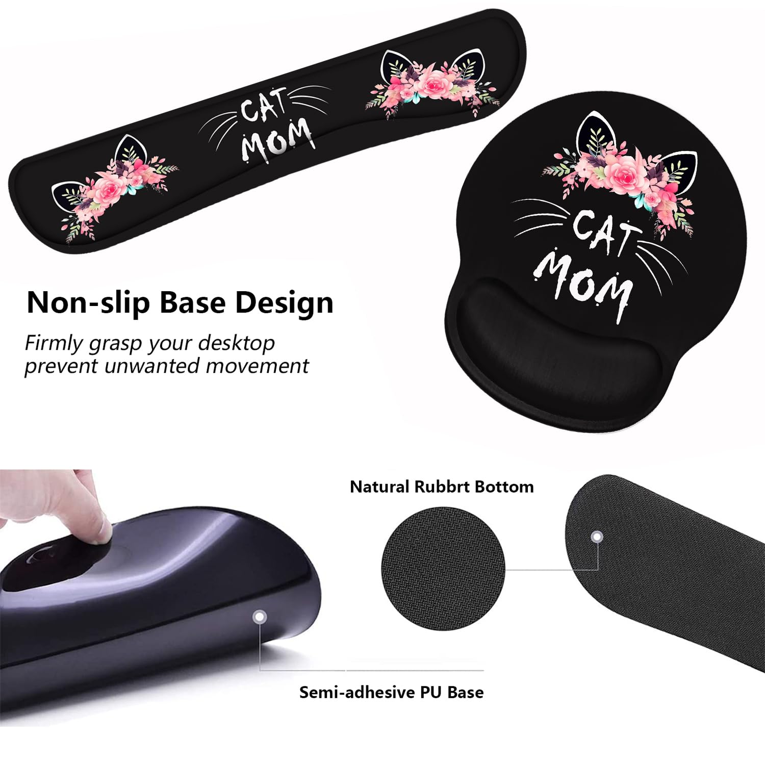 Keyboard Wrist Rest and Mouse Pad Wrist Support Set with Coasters, Non-Slip PU Base Ergonomic