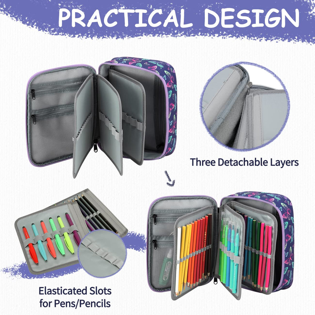 VASCHY Large Pencil Case Bag, Art Supply Marker Organizer Big Pen Pouch with 3 Detachable Layers