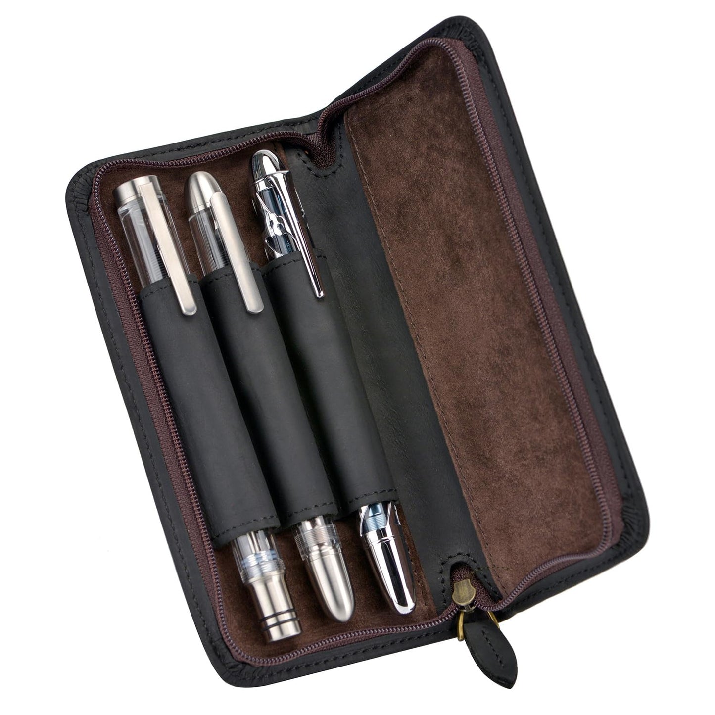 Fountain Pen Case 3 Divided Slots Crazy Horse Leather Pen Holder, Handmade Display Zippered Pouch