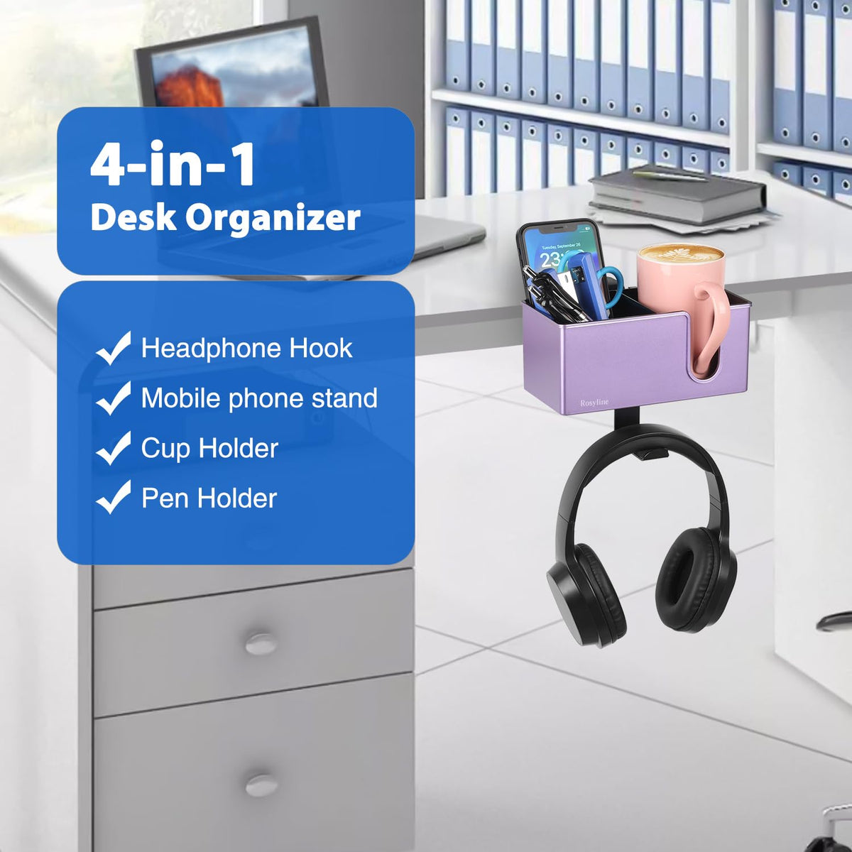 Rosyline 3-in-1 Clip-on Cup Holder for Desk with Desktop Organizer