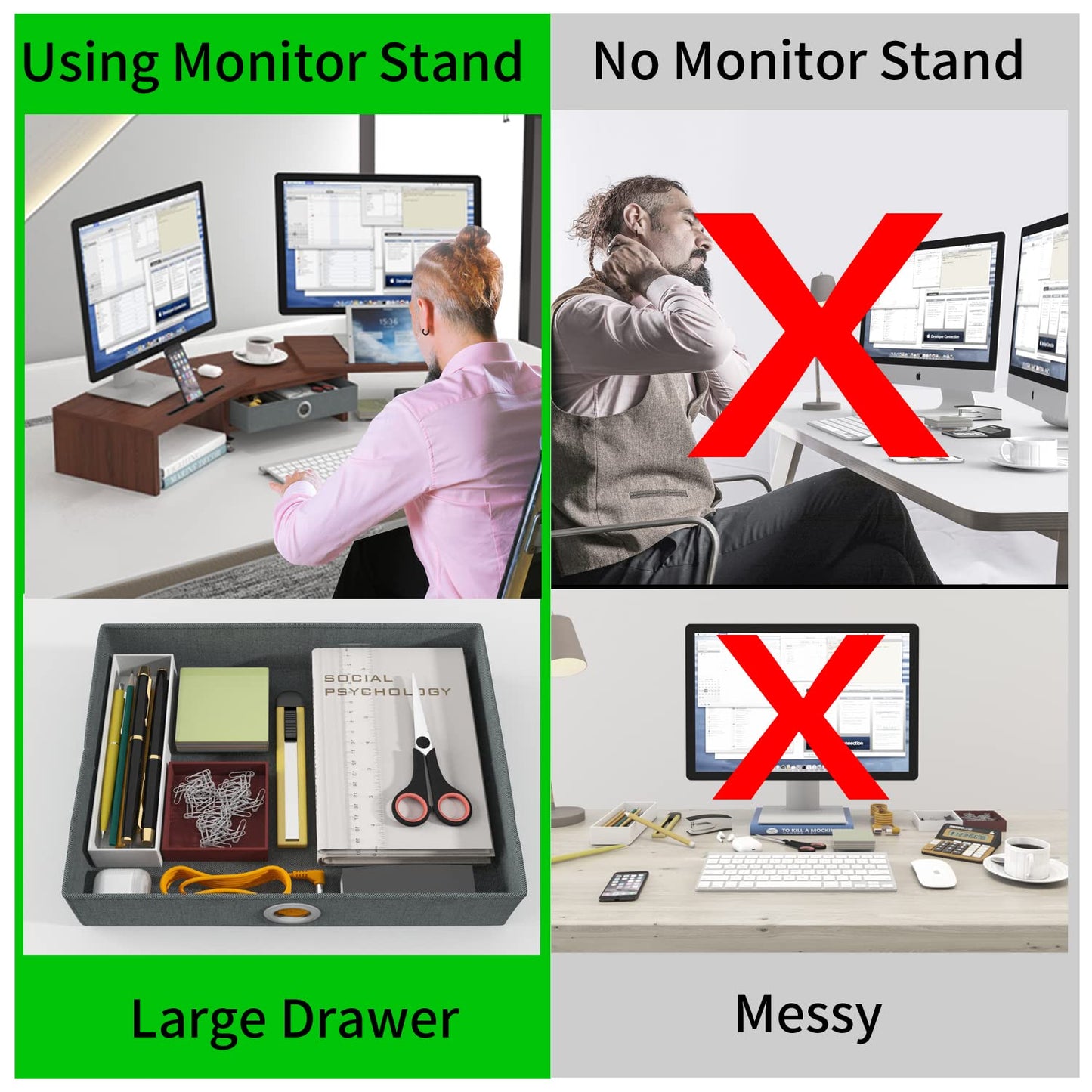 WESTREE Dual Monitor Stand Riser with Drawer - Adjustable Length and Angle, 2 Phone Hold, Desktop