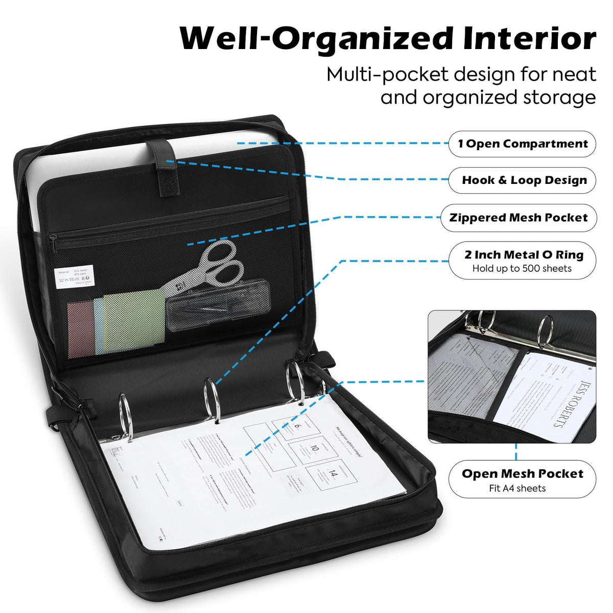 MoKo Zipper Binder, 2-Inch 3-Ring, 500 Sheets, 5-Tab File Folders, Black
