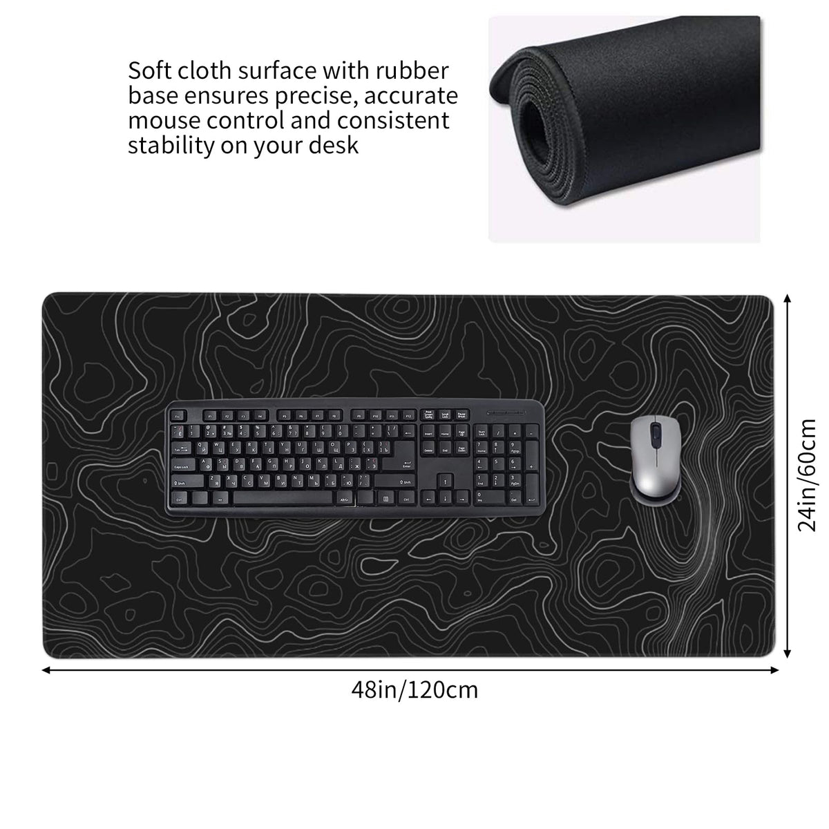 48x24 Inch Topographic Gaming Mouse Pad XXXXL,Extended Full Desk Mat Black