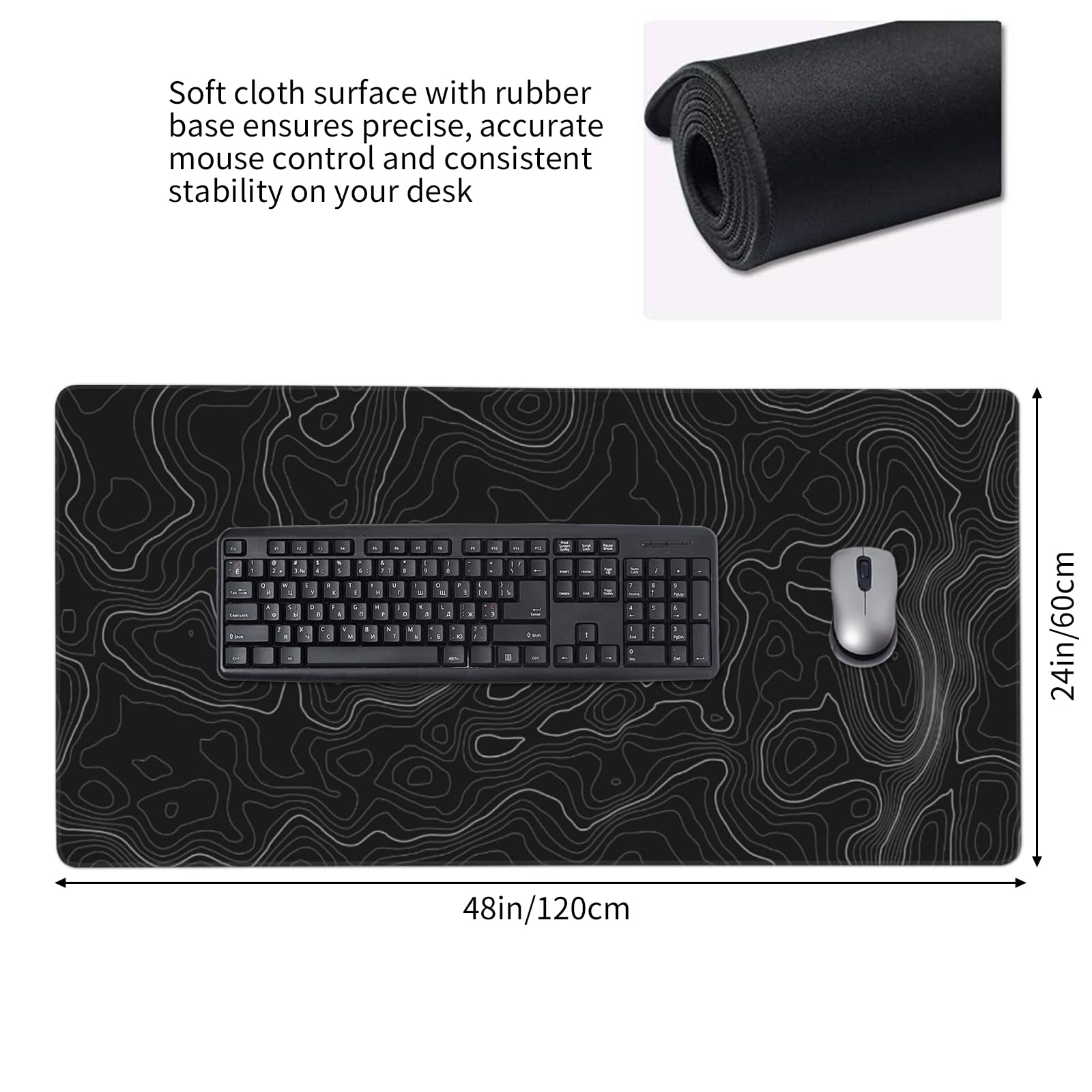 48x24 Inch Topographic Gaming Mouse Pad XXXXL,Extended Full Desk Mat Black
