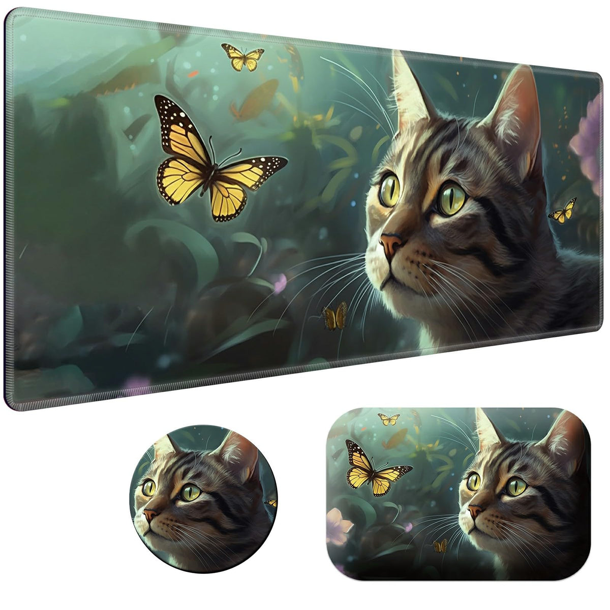 BPQOJB Laptop Mouse Pad 27.5 x 11.8 inch & Small Wrist Rests with Coasters and Cute Cat & Butterfly