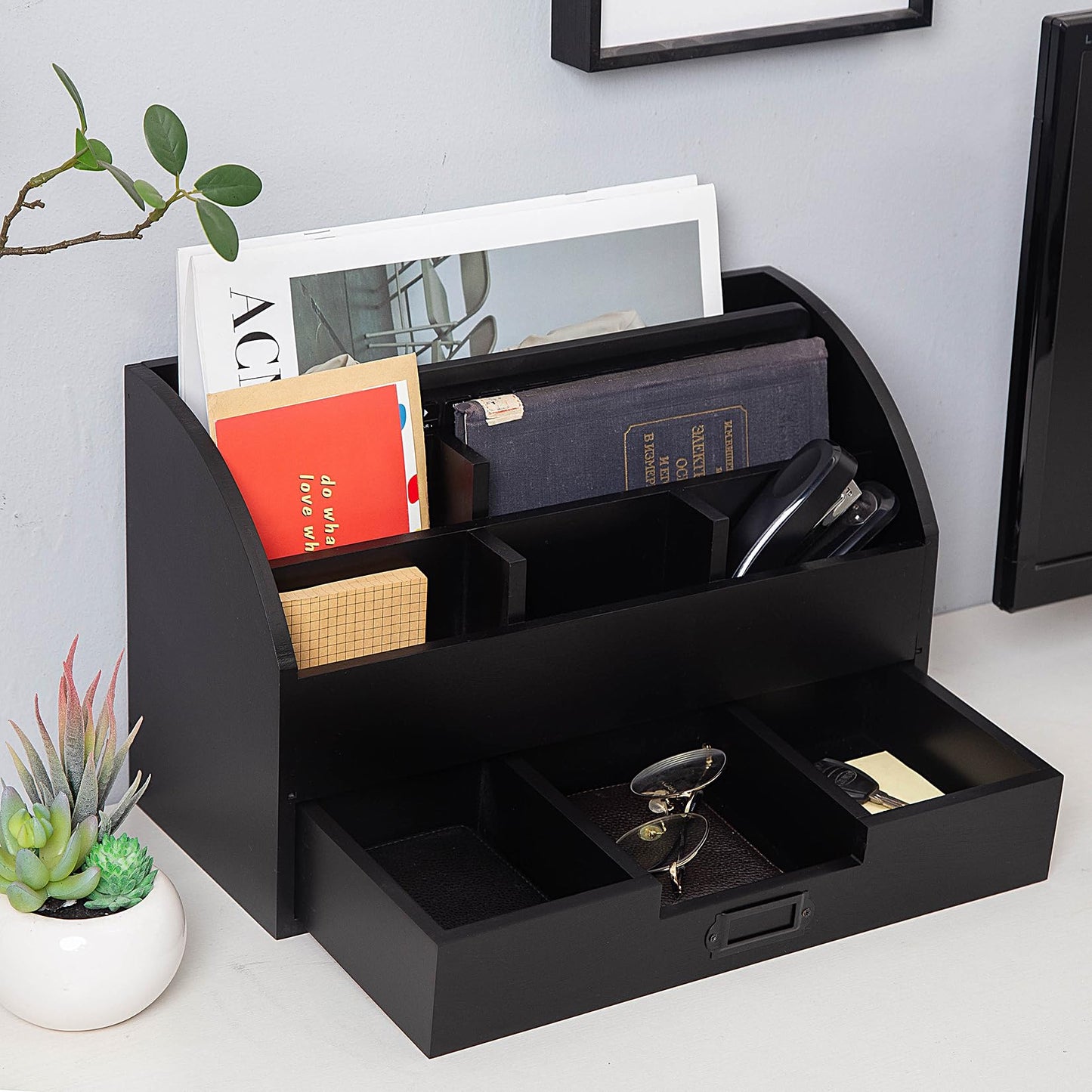 canwedance Distressed Rustic Wooden Office Desk Organizer 5 Compartment with 2 Drawer &Counter Desk