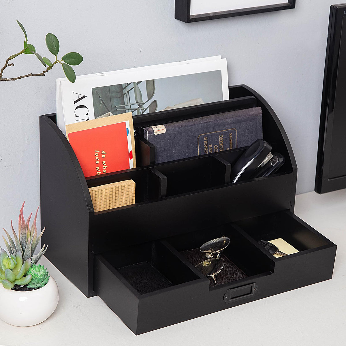 canwedance Distressed Rustic Wooden Office Desk Organizer 5 Compartment with 2 Drawer &Counter Desk