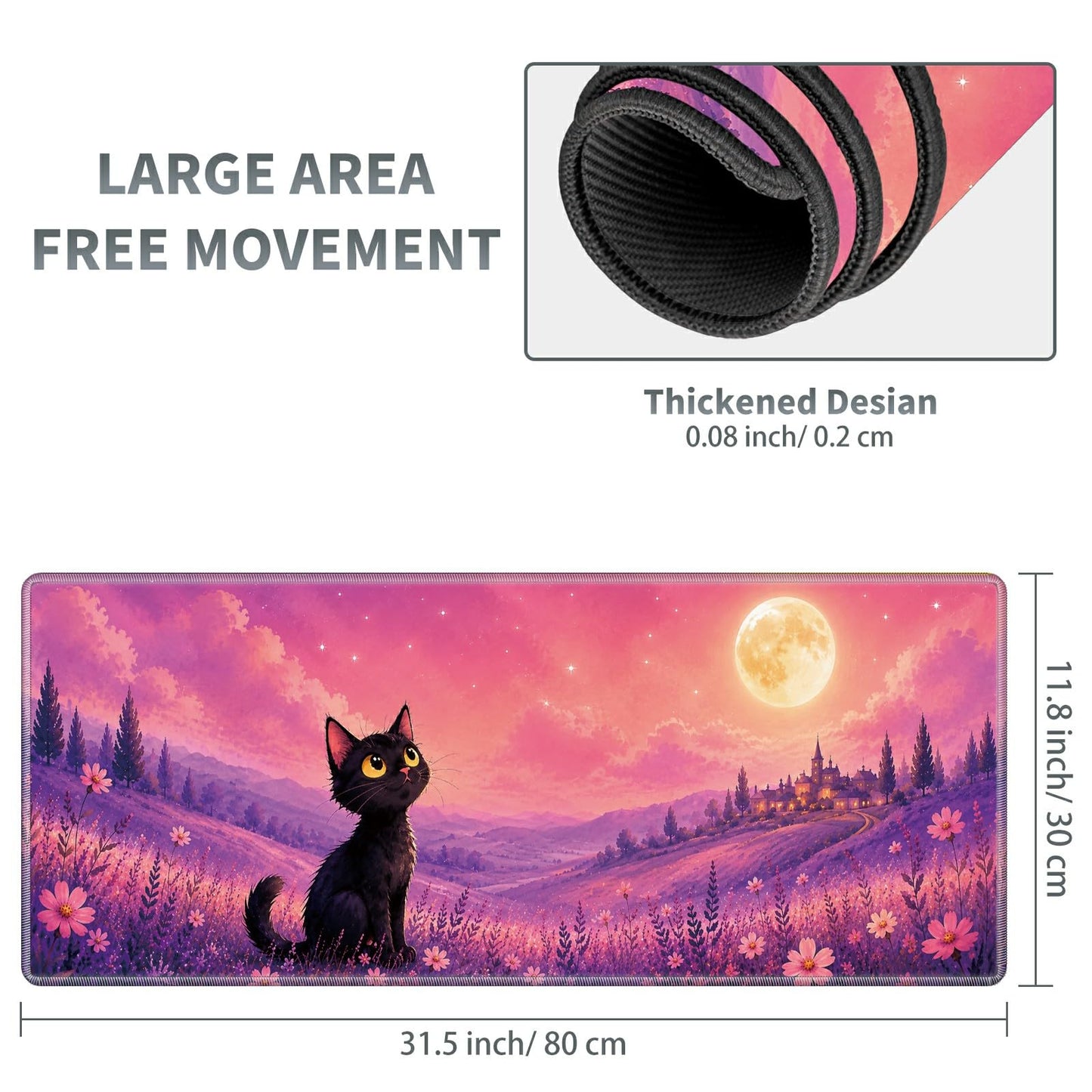 Moonlit Black Cat Large Mouse Pad, 31.5 x 11.8 in Extended Desk Mat