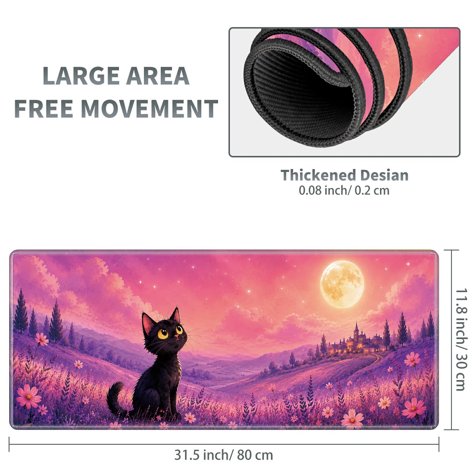 Moonlit Black Cat Large Mouse Pad, 31.5 x 11.8 in Extended Desk Mat