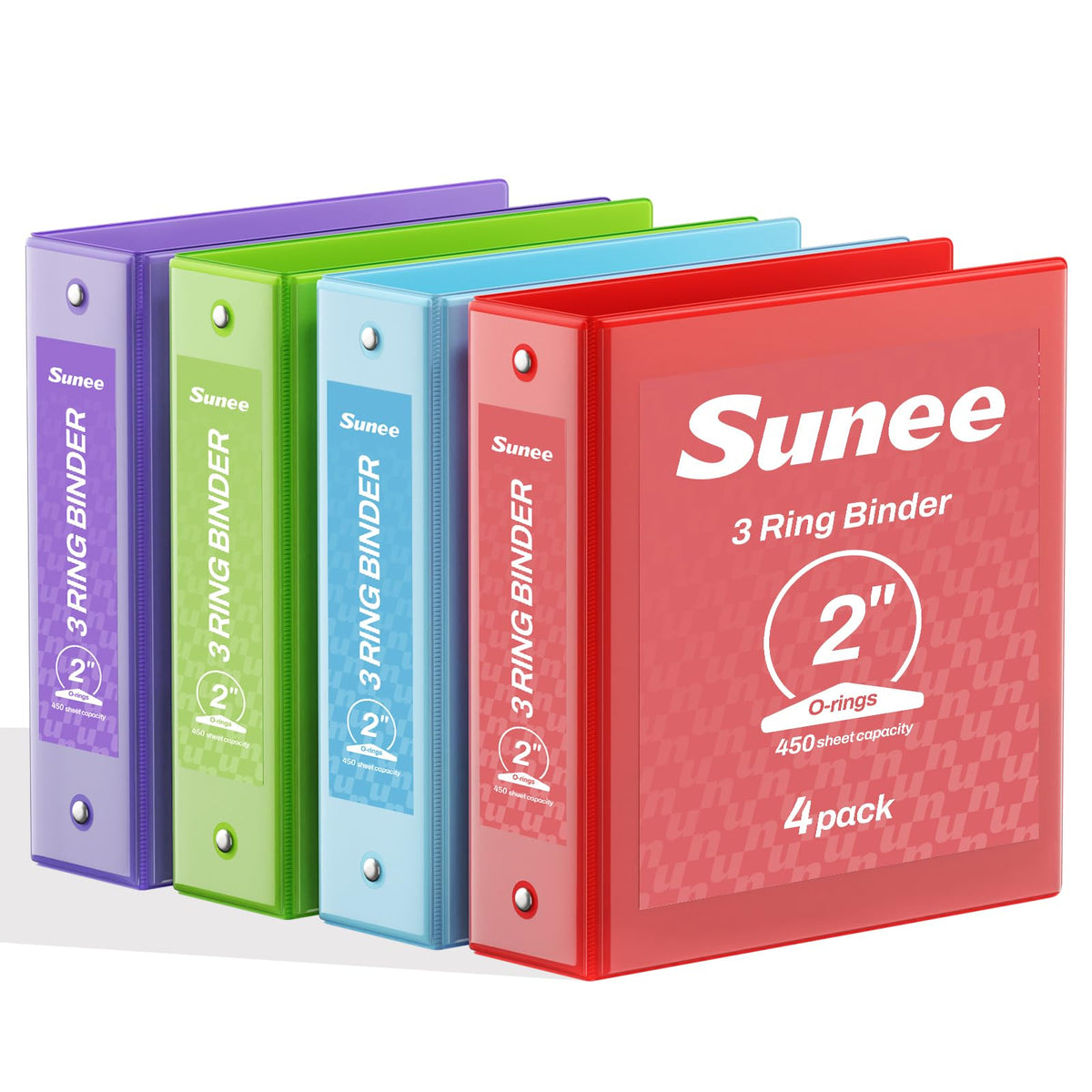 SUNEE Binders 2 Inch 3 Ring 4 Pack, 2" Classic 4-Color Binder Set (8.5x11 Inches) for Office