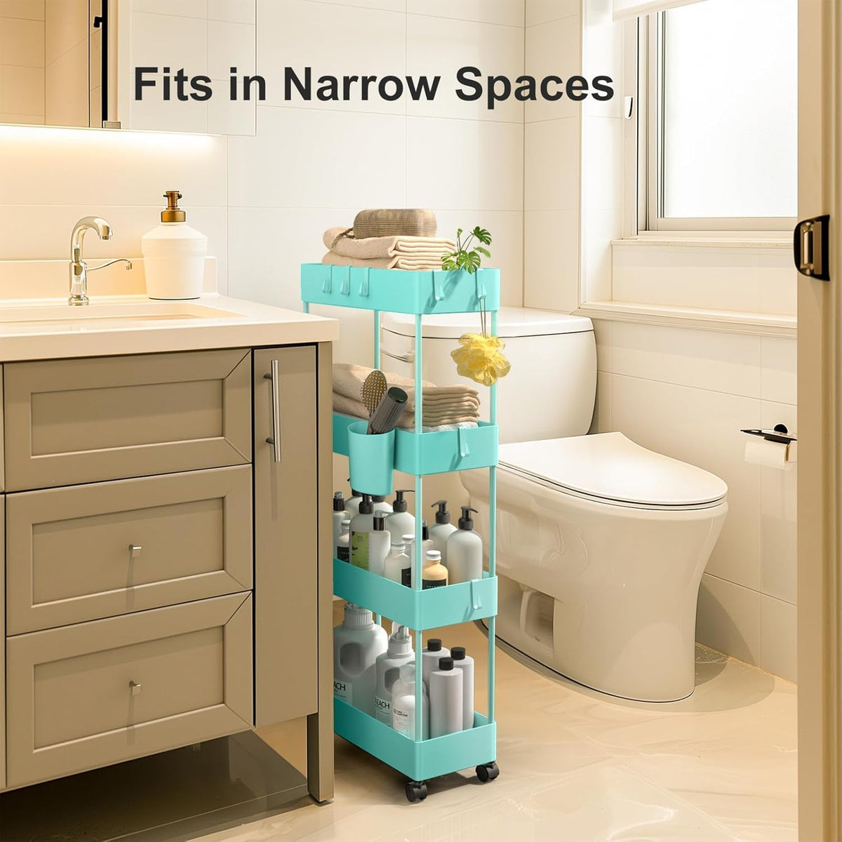 Pipishell 4 Tier Slim Storage Cart with Wheels, Laundry Cart, Turquoise