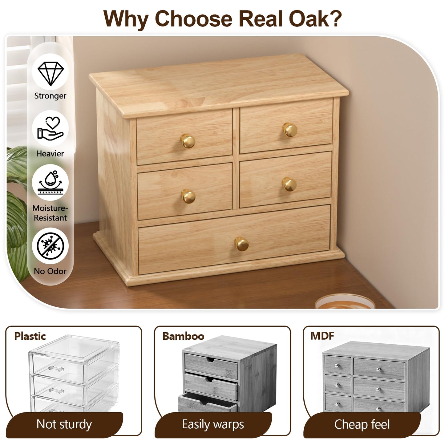 Oak Desk Organizer with Drawers, Durable Wooden Desktop Storage Box