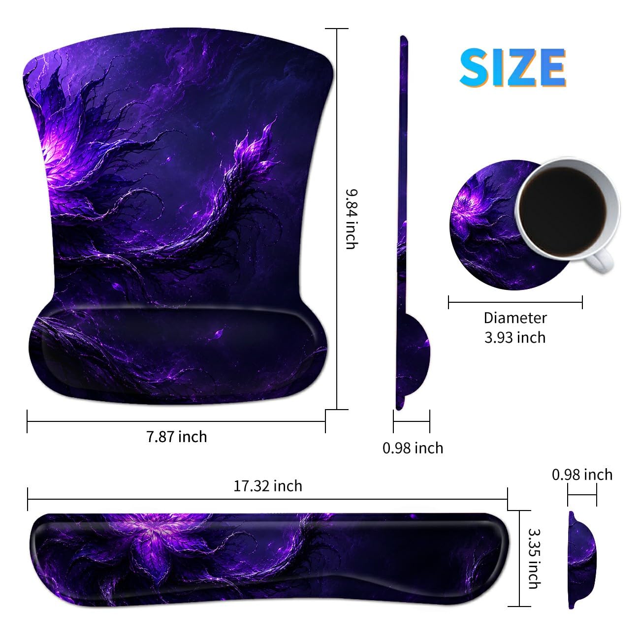 3-in-1 Ergonomic Memory Foam Keyboard Wrist Rest Pad Set, Purple Magic Flower