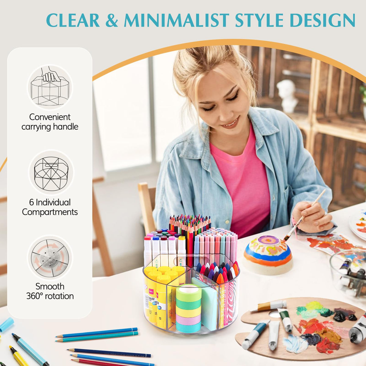 Hiborateed Large Acrylic Pen Holder for Desk, 6 Slots 360-Degree Rotating Pencil Holder Marker
