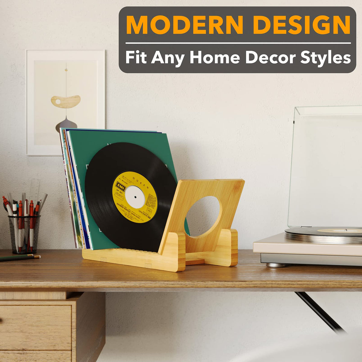 SpaceAid Bamboo Vinyl Record Storage Holder Shelf, Holds Up to 50 Albums, 7 or 12 inch LPs, Vinyl