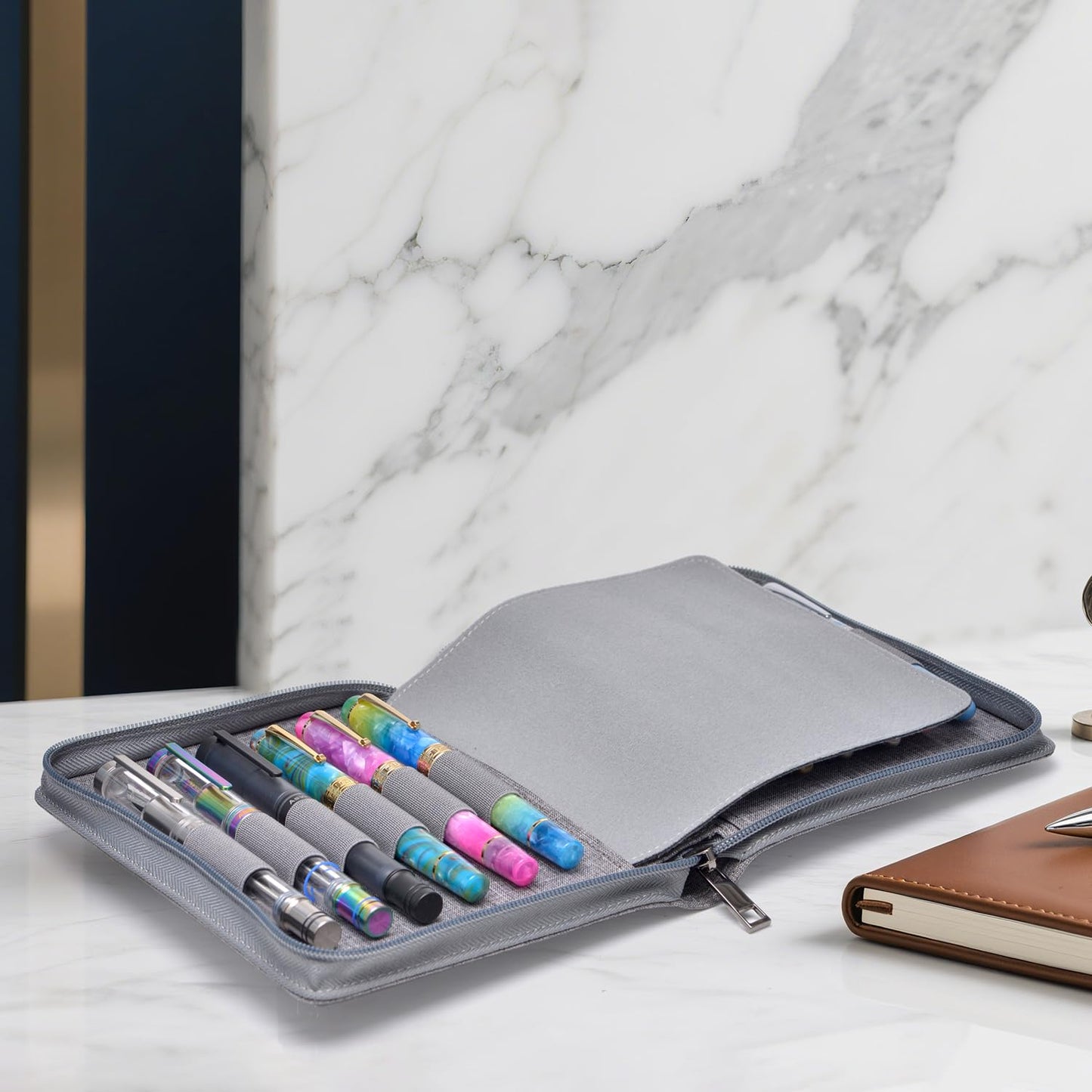 Asvine 12 Fountain Pen Case Gray Organizer Bag - Premium Waterproof Canvas Pen Display Holder
