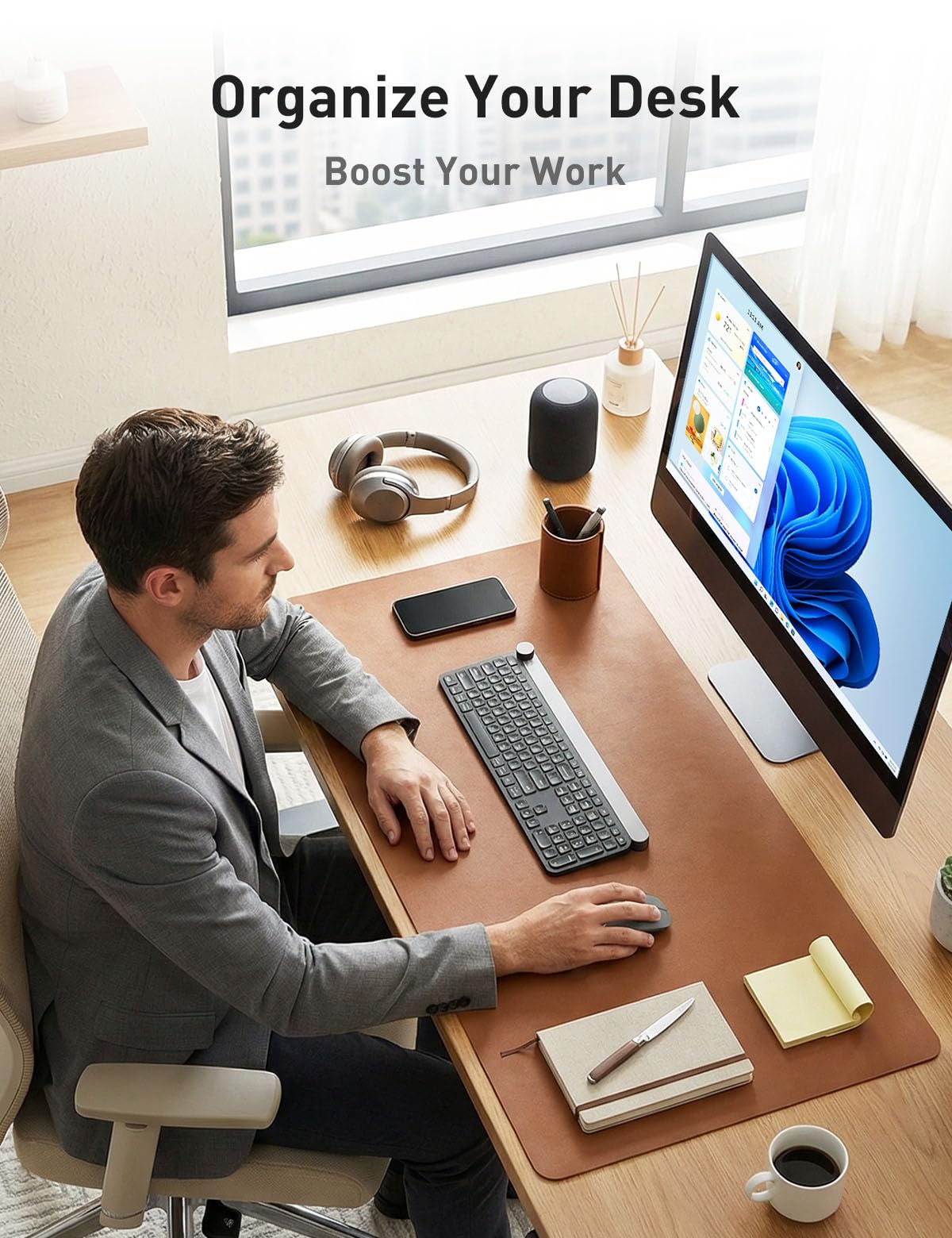 Aothia Faux Leather Desk Mat - Non-Slip PU Leather Desk Blotter, Waterproof Writing Surface, Large