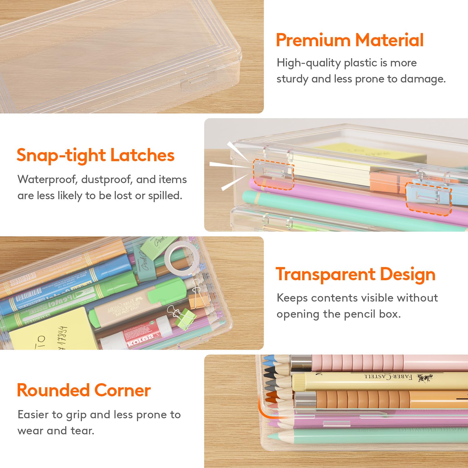 Lifewit Plastic Pencil Box with Snap-tight Lid, 4 Pack