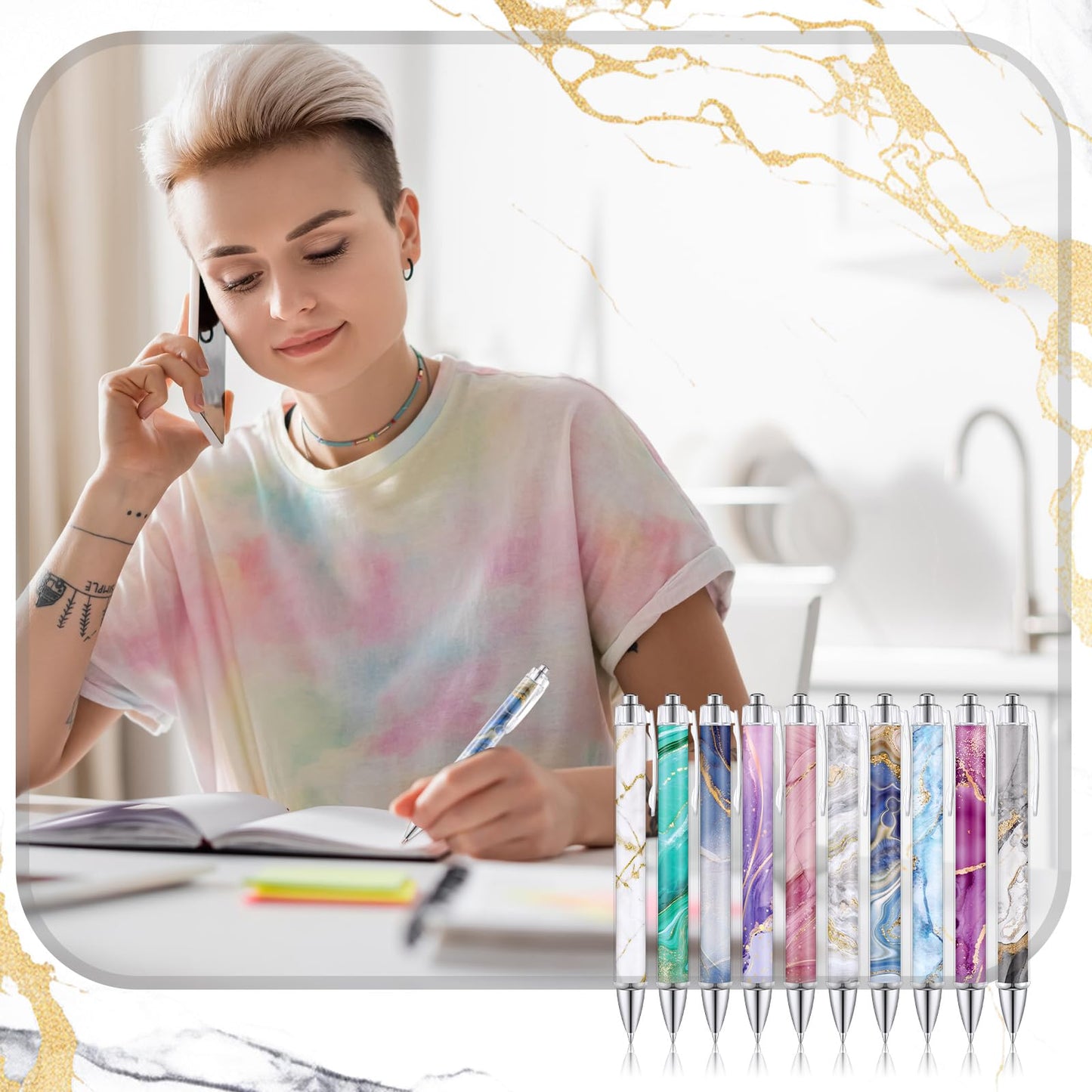 TecUnite 30 Pcs Marble Ballpoint Pens for Women 1.00 mm Cute Black Ink Fancy Pens Fine Point Smooth