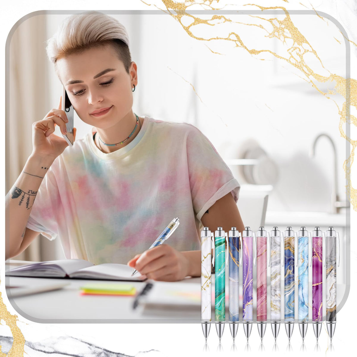 TecUnite 30 Pcs Marble Ballpoint Pens for Women 1.00 mm Cute Black Ink Fancy Pens Fine Point Smooth