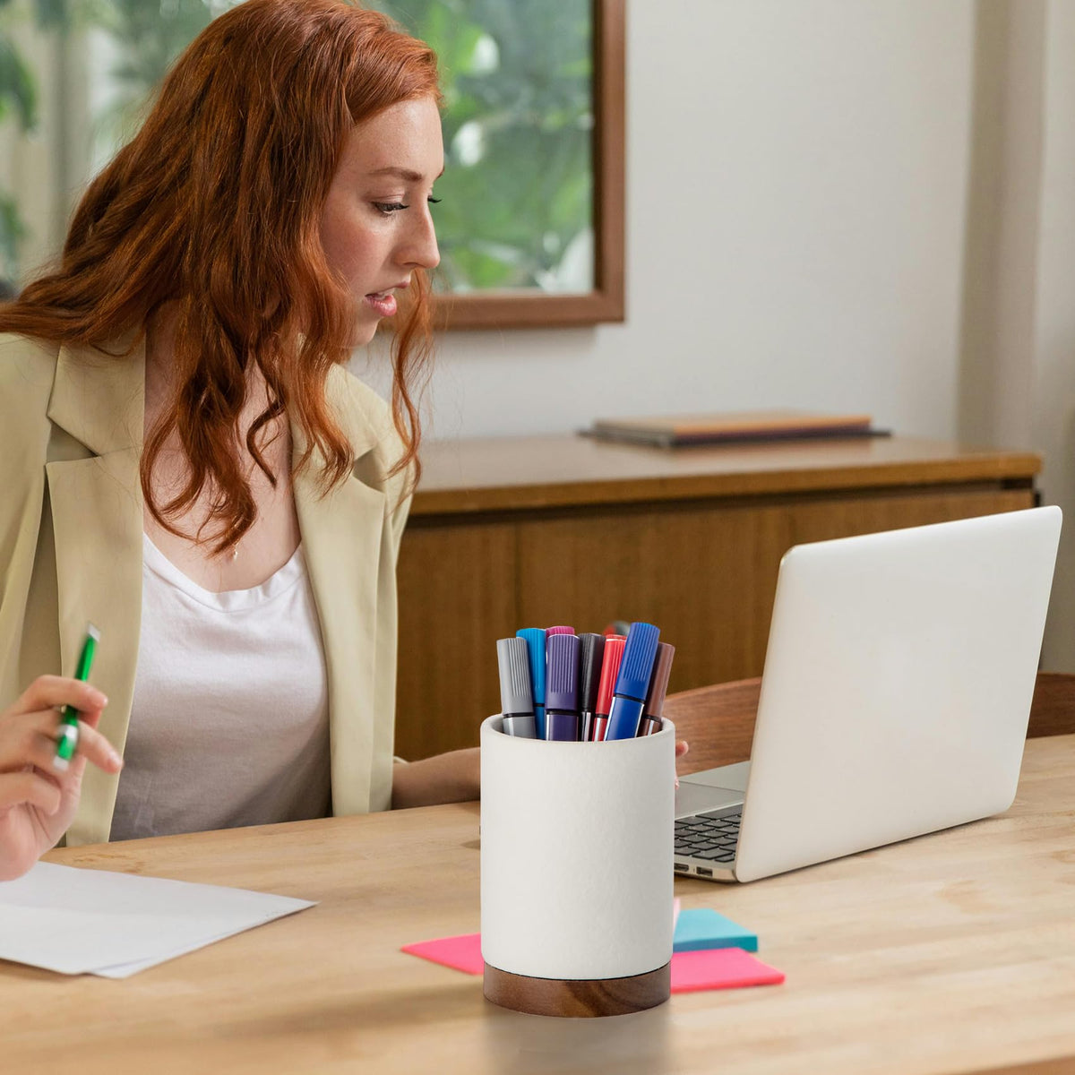 Officepal Ceramic Pen Holder for Desk, Pencil Cup, (White,Set / 2)